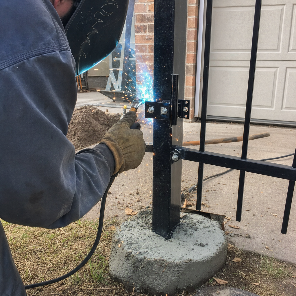 Professional welding and gate installation services on residential metal fencing