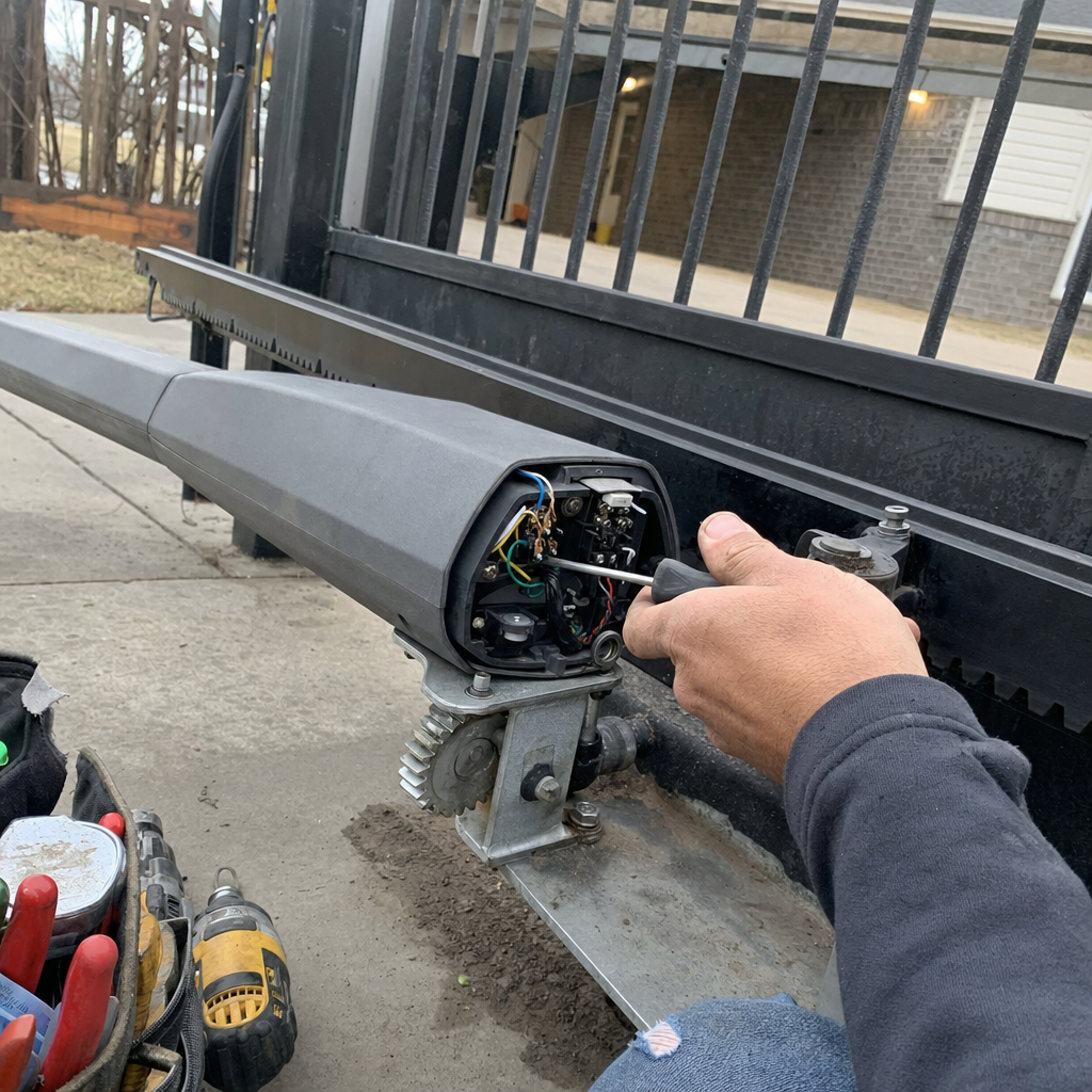 Technician repairing an automatic sliding gate motor and electric opener