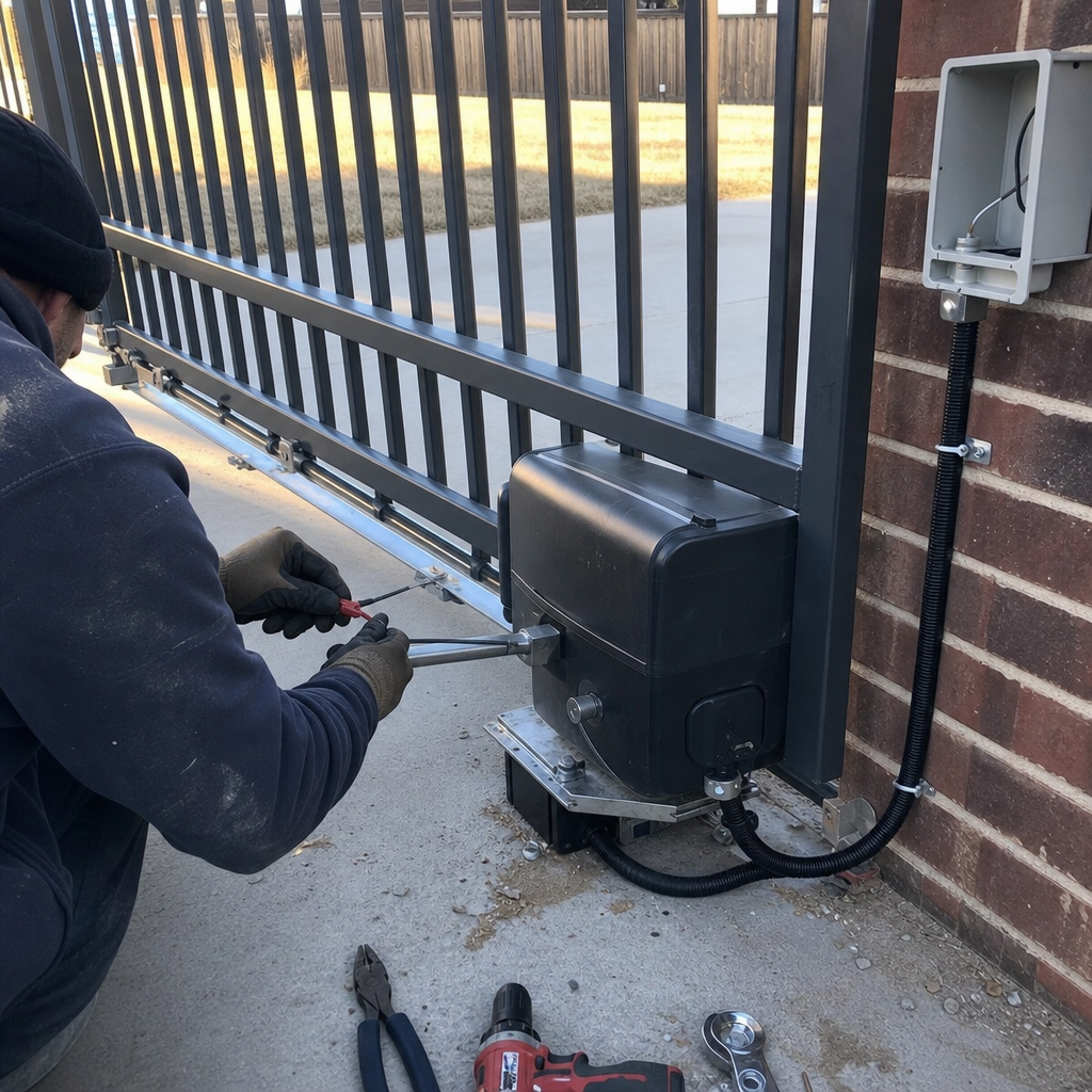 Technician performing professional gate motor and opener repair service