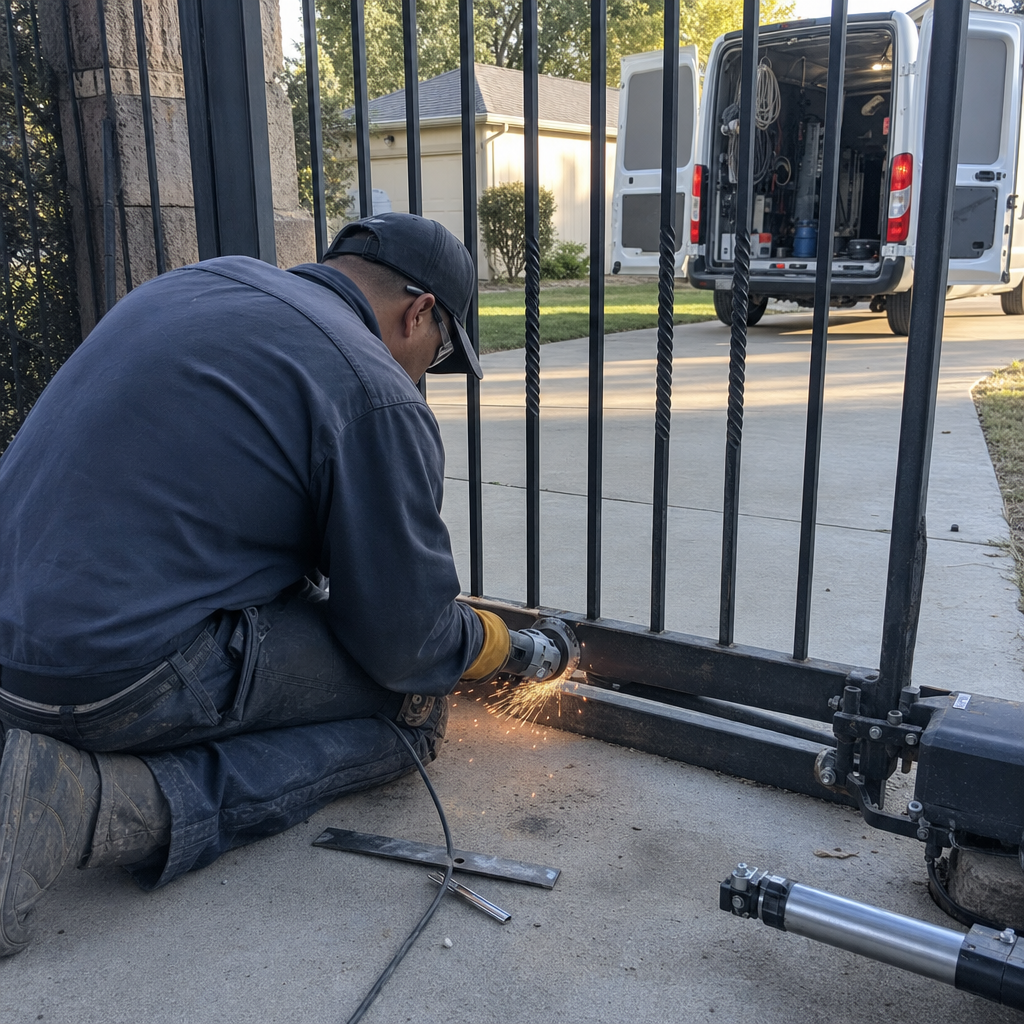 Technician using a grinder to repair a residential metal driveway gate