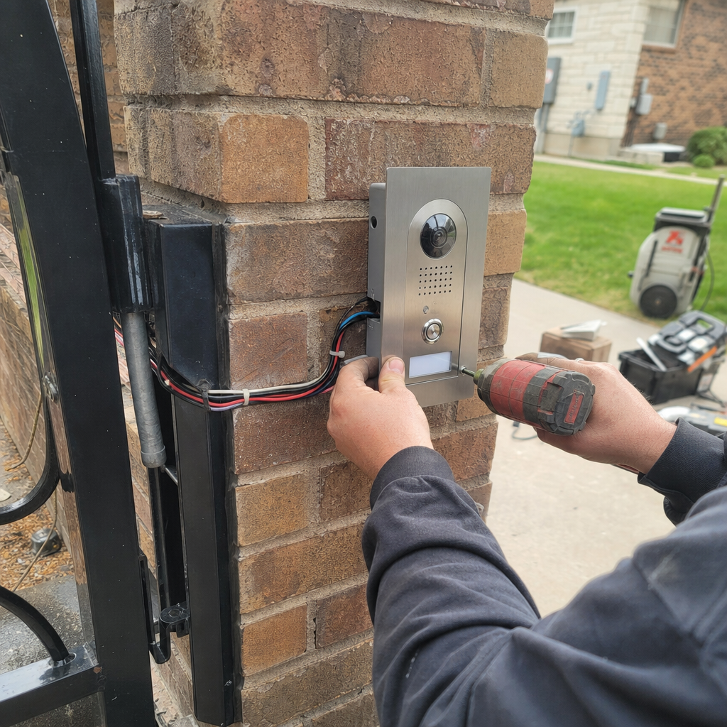 Technician installing an electronic gate access control system on a brick pillar in Eudora, KS