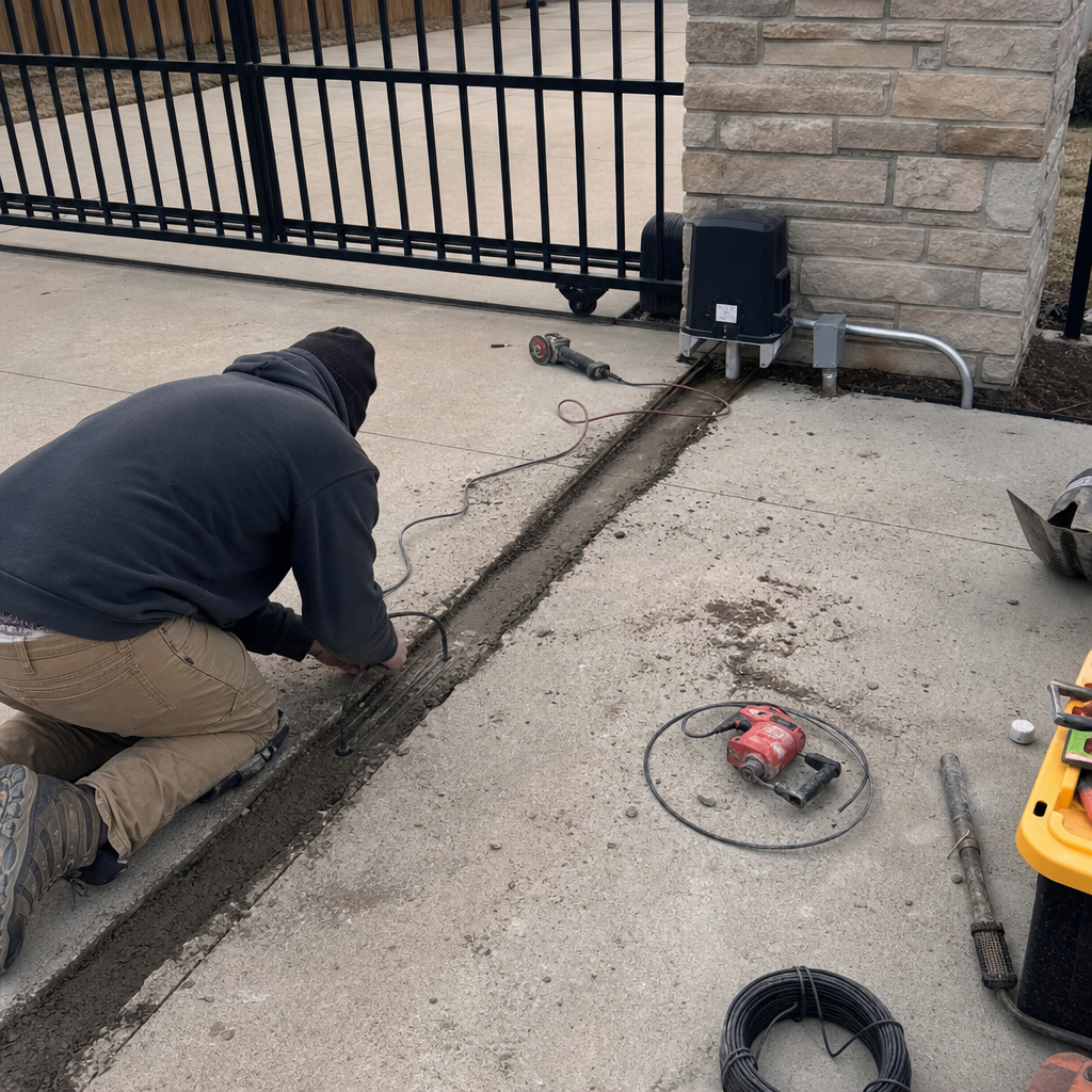 Technician installing automatic gate access control wiring in driveway in Eudora, KS