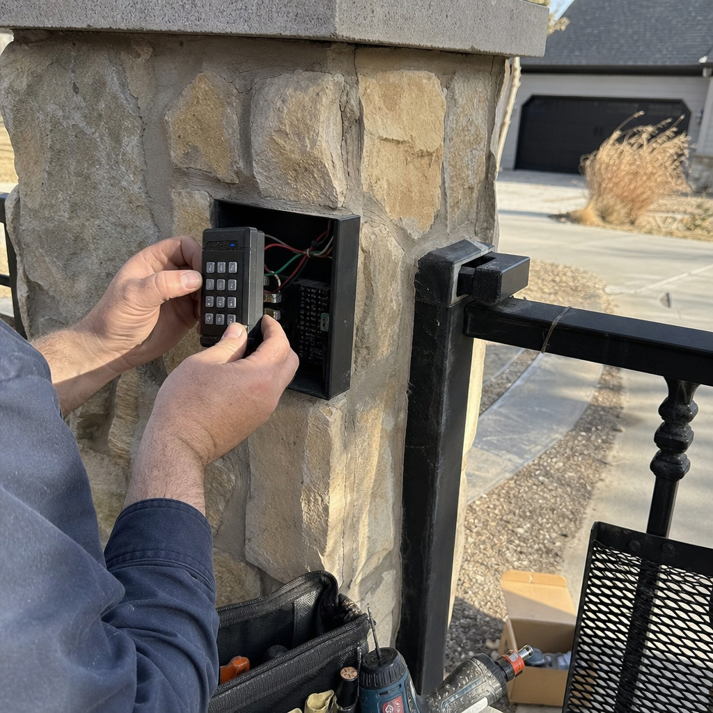 Technician installing an electronic gate access control keypad in Kansas, KS