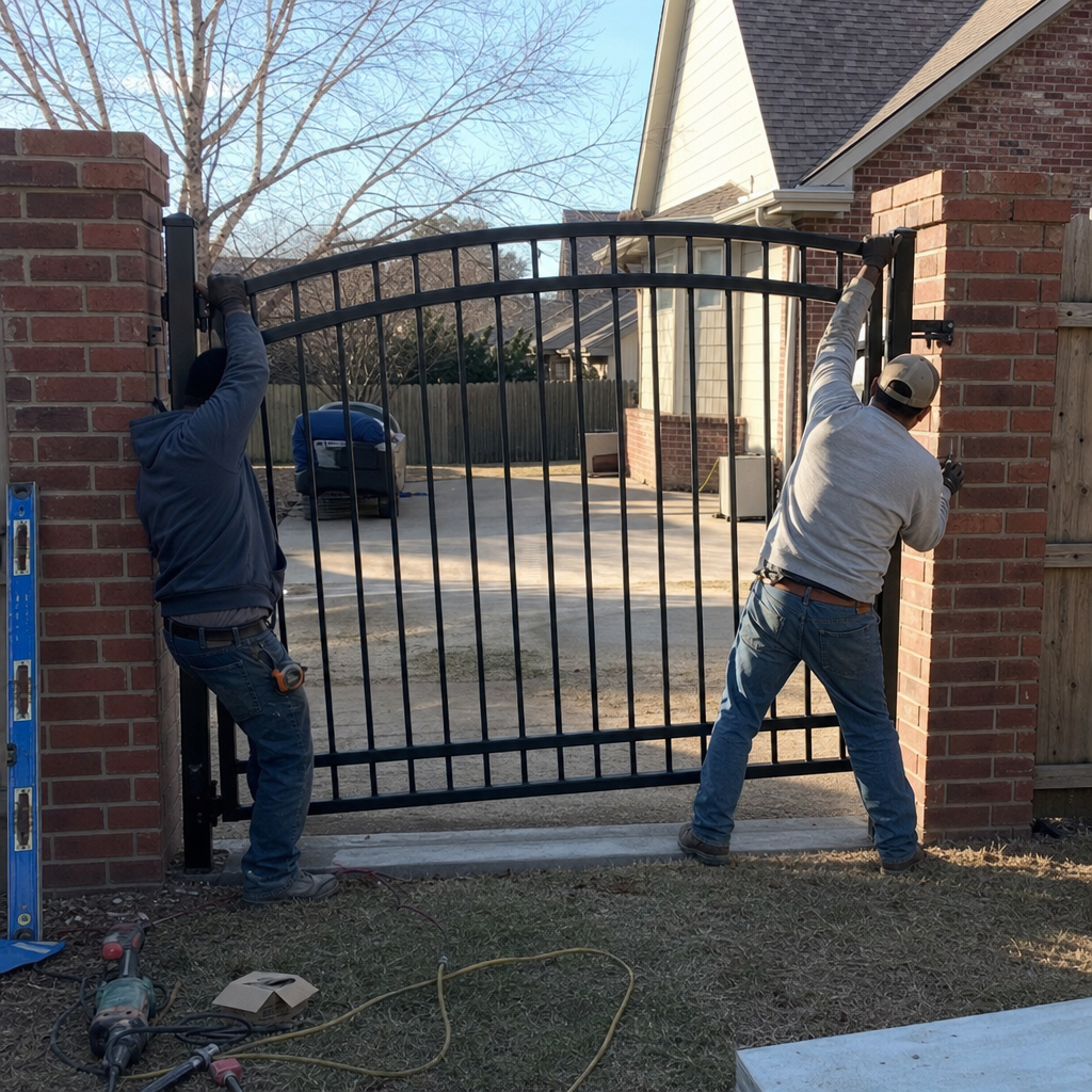 Two professional technicians installing a custom metal driveway gate in Eudora, KS