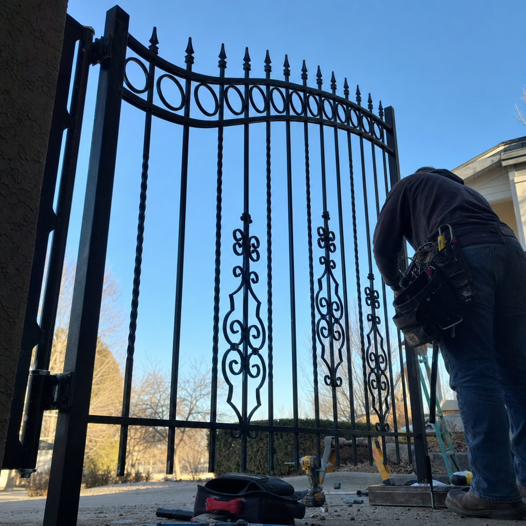 A professional contractor installing a decorative wrought iron gate outdoors in Eudora, KS