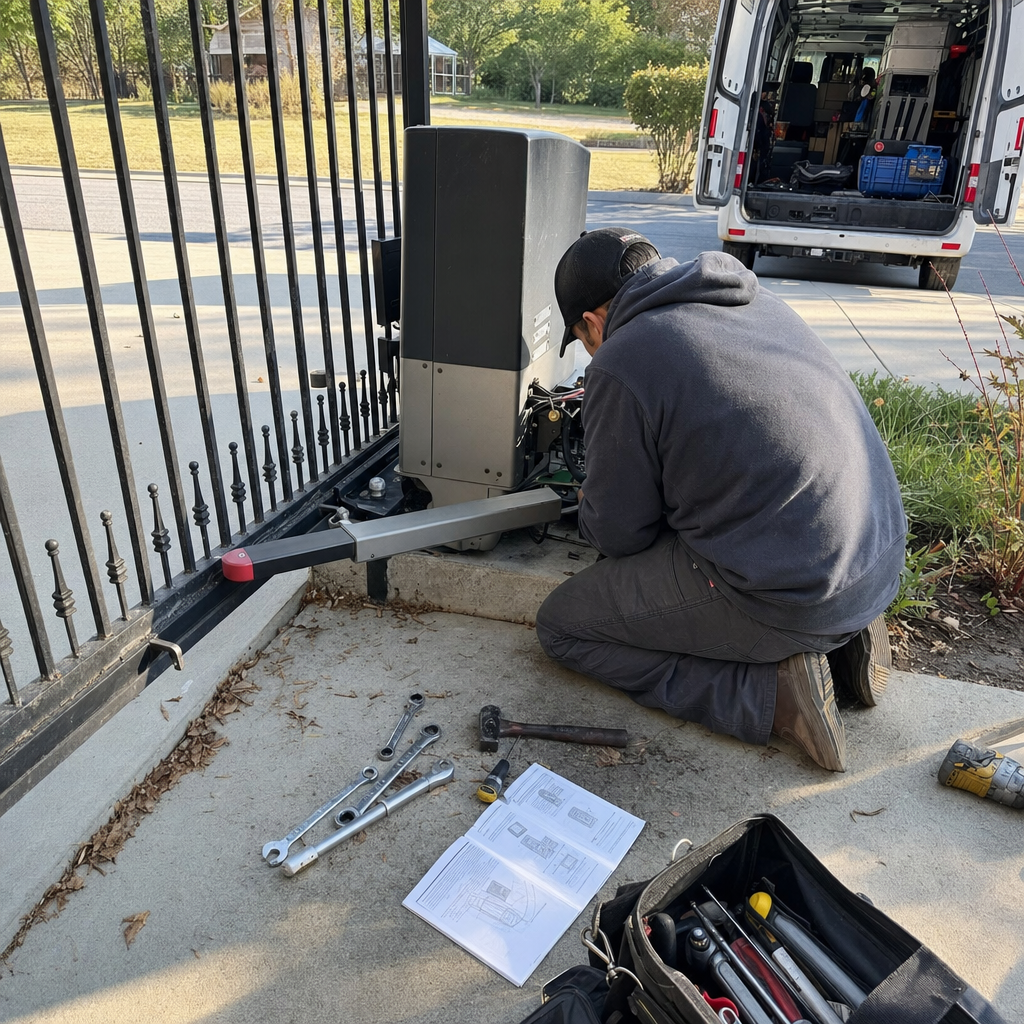 Technician performing professional gate motor and opener repair service in Kansas, KS