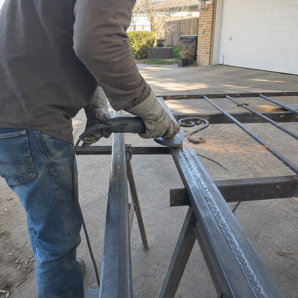 Metalworker using angle grinder on gate frame during welding project in Independence, KS