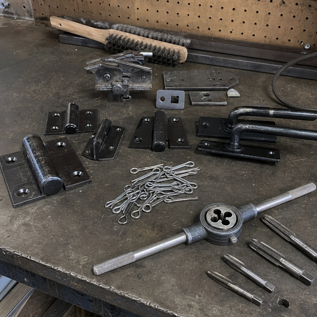 Assortment of steel gate hinges and welding repair tools on workbench in Eudora, KS