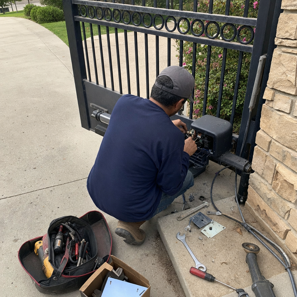 Technician performing professional automated gate repair and maintenance in Kansas, KS