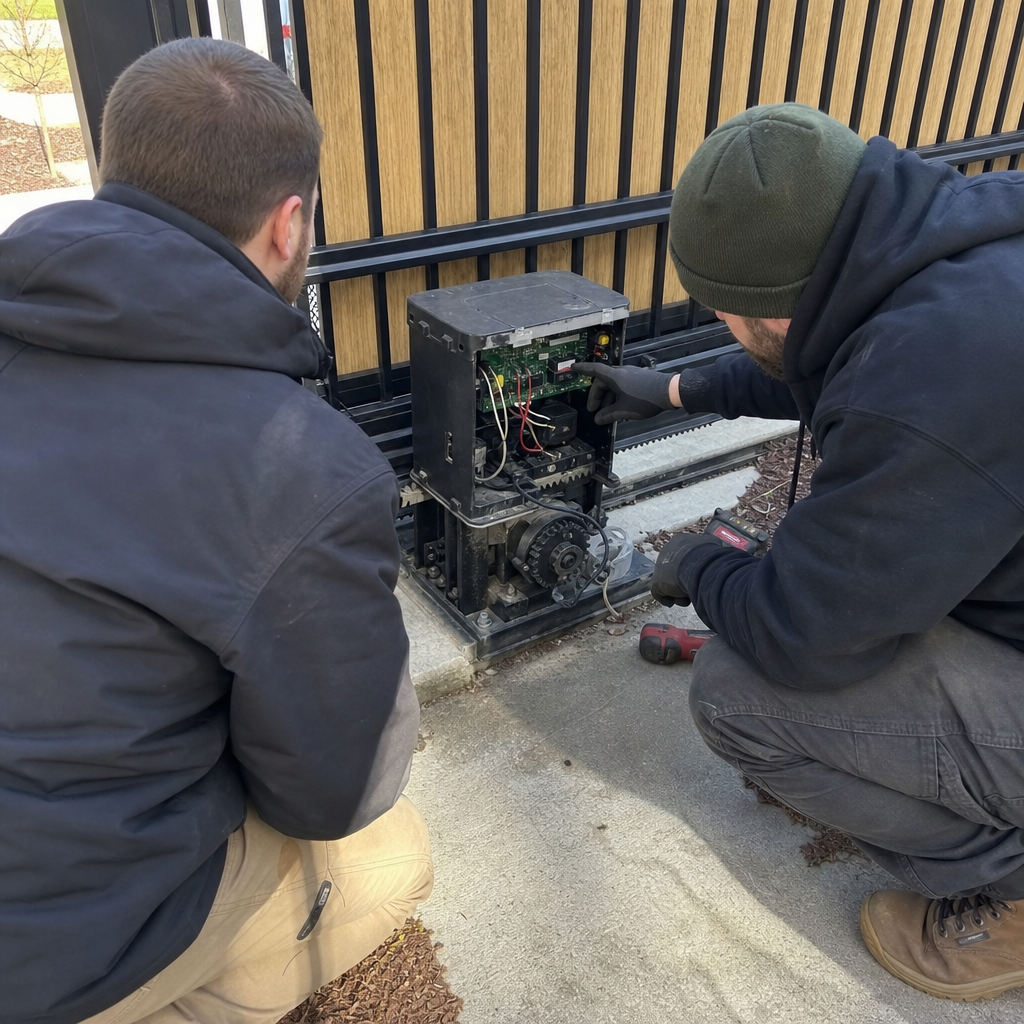Two technicians repairing an automatic sliding gate motor and control board. in Kansas, KS