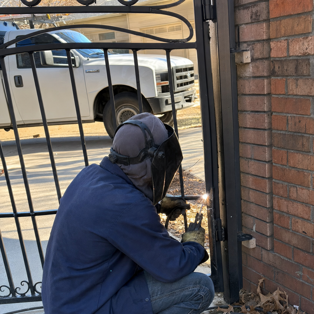 Professional technician performing residential metal gate hinge repair and welding in Eudora, KS